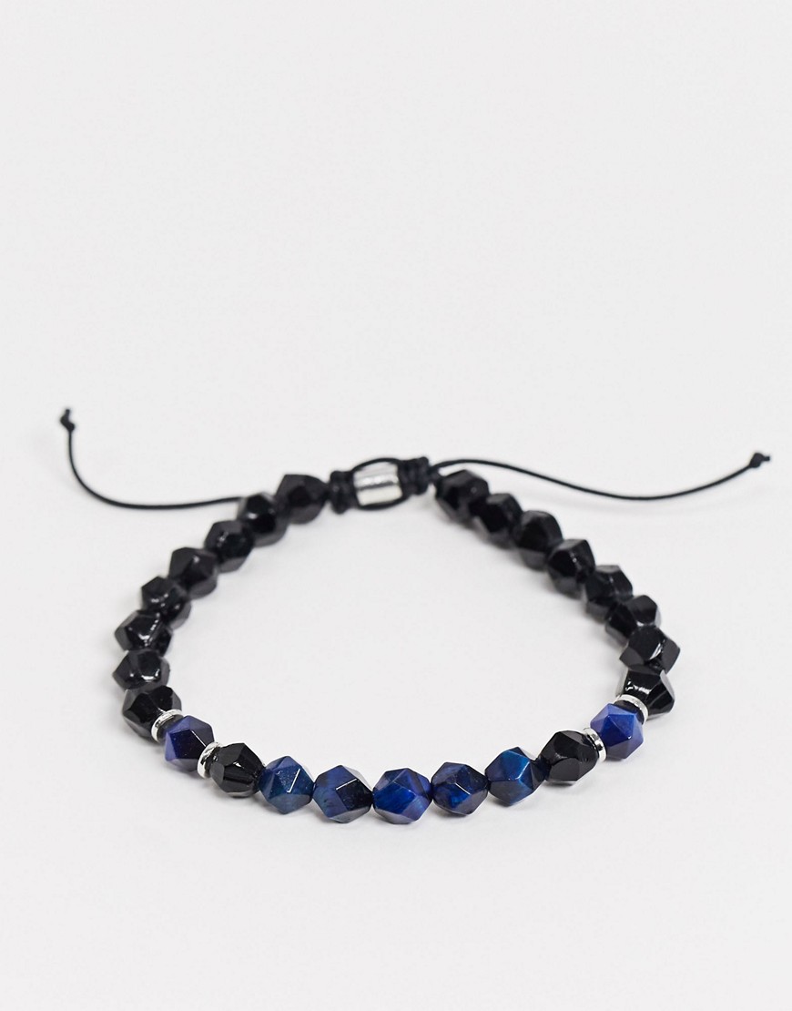 ASOS DESIGN beaded bracelet with hexagon semi precious beads in blue tone