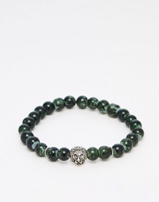 ASOS DESIGN beaded bracelet with lion head in green