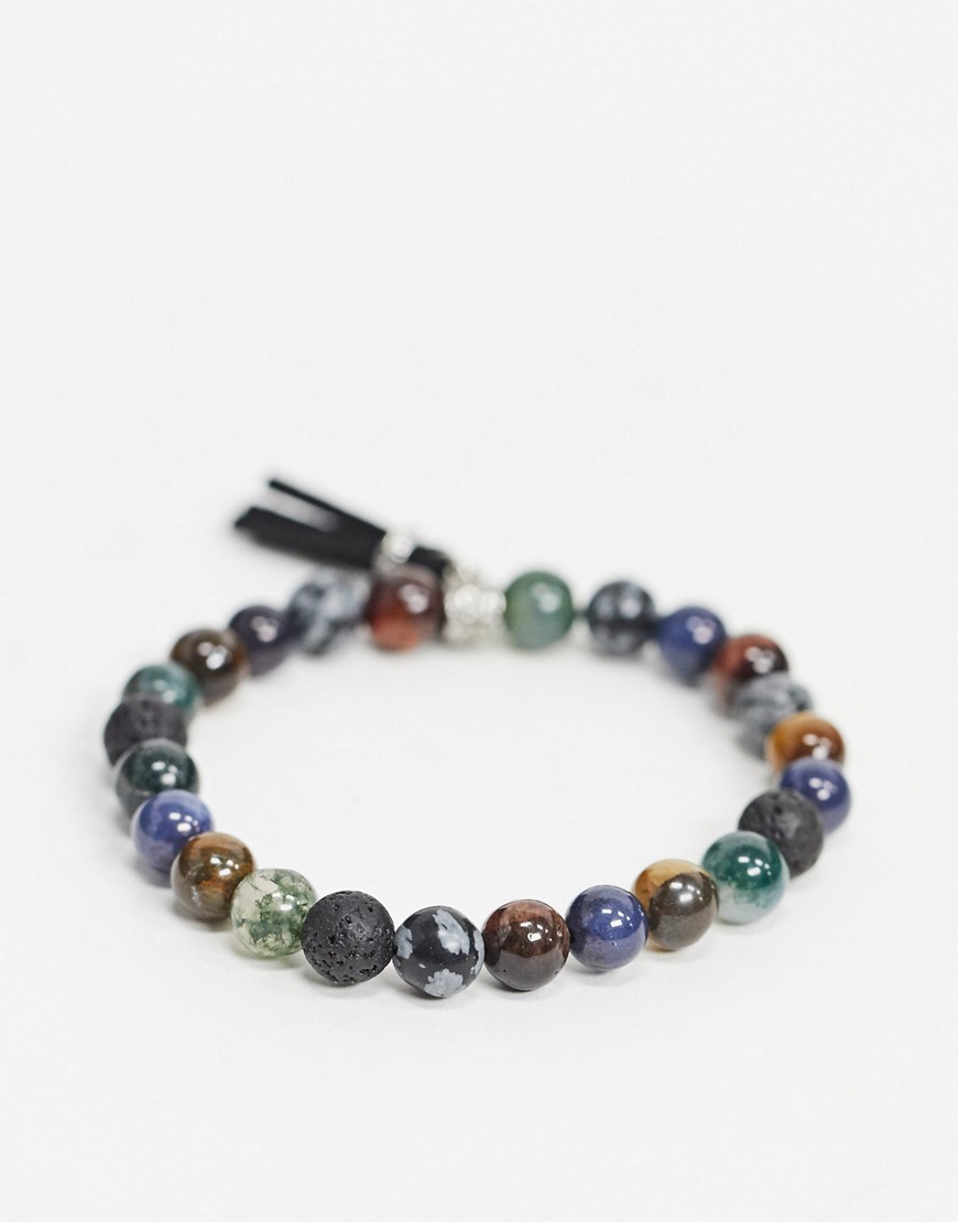 ASOS DESIGN beaded bracelet with snowflake obsidian and tigers eye stones in earthy tones-Multi