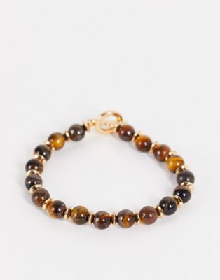 ASOS DESIGN beaded bracelet with tigers eye stones and t-bar in brown