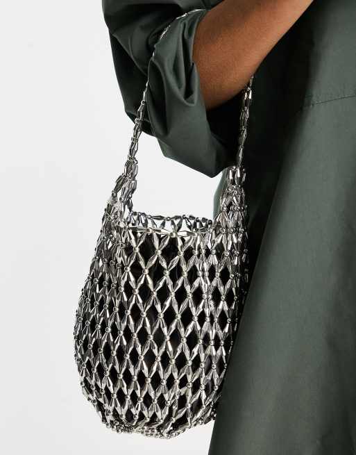 ASOS DESIGN beaded bucket clutch bag in silver