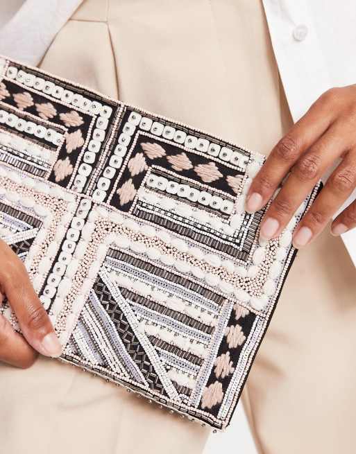 True Decadence embellished beaded envelope clutch bag in light gray