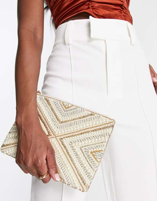 ASOS DESIGN beaded clutch bag in off white and gold