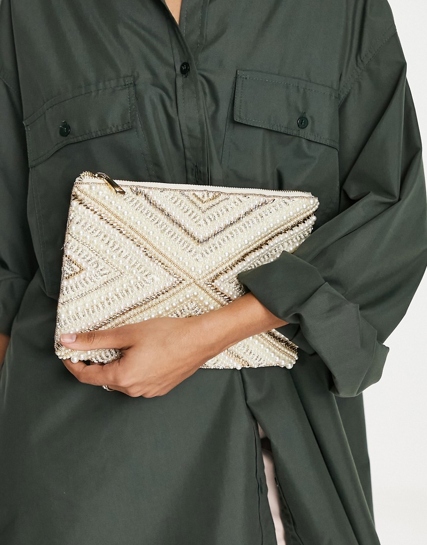 ASOS DESIGN beaded clutch in off white and gold
