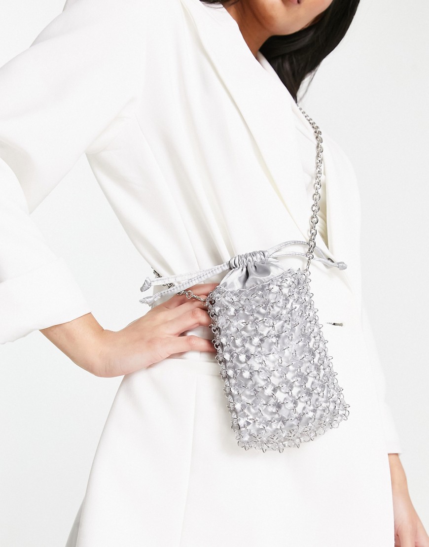 ASOS DESIGN beaded crossbody bag with pouch in silver