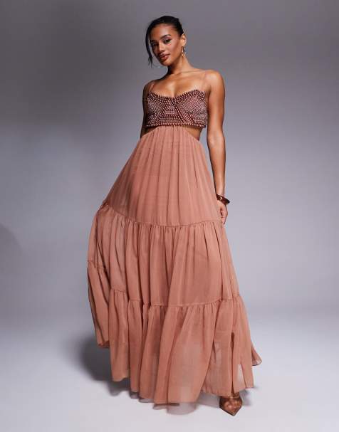 ASOS DESIGN beaded embellished bust maxi dress with open back in brown - view 1