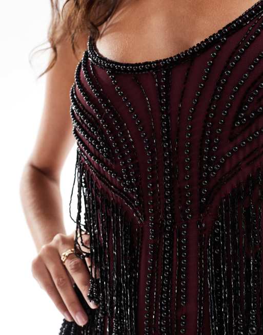 ASOS Design Beaded Embellished Cami Maxi Dress in burgundy Red