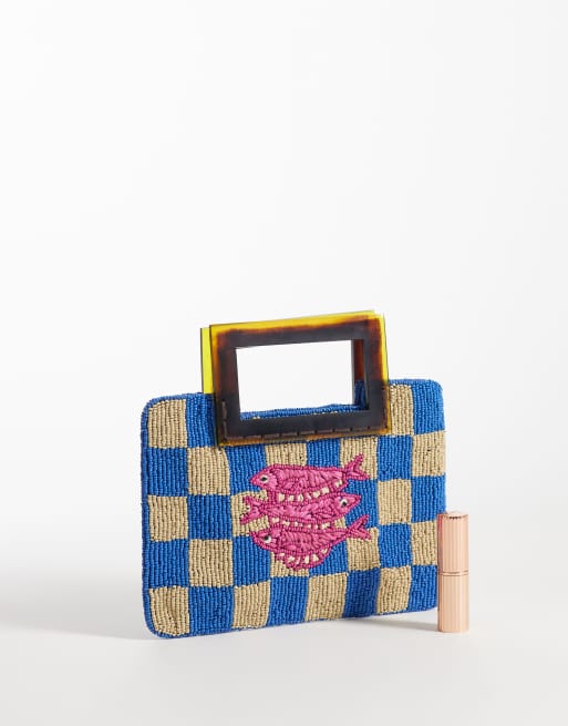 ASOS DESIGN beaded fish resin handle clutch bag in blue checkboard, 2 of 5