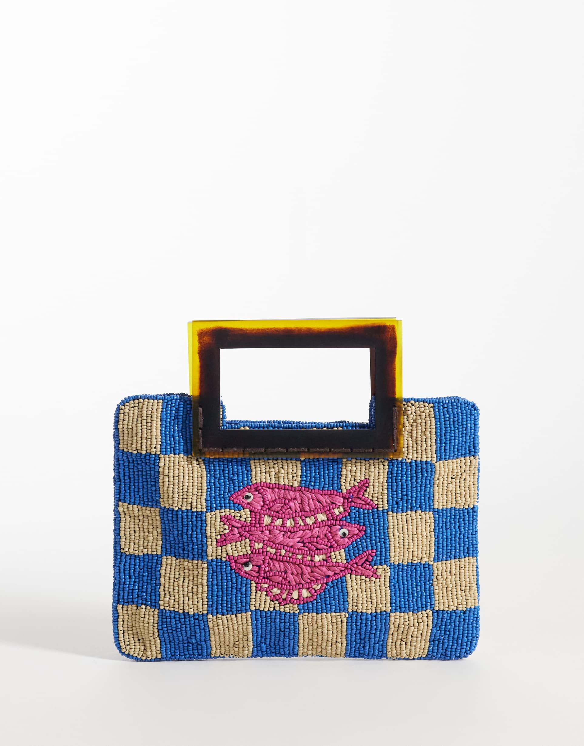 asos design beaded fish resin handle clutch bag in blue checkerboard
