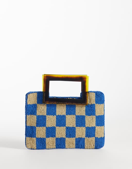 ASOS DESIGN beaded fish resin handle clutch bag in blue checkerboard, 4 of 5