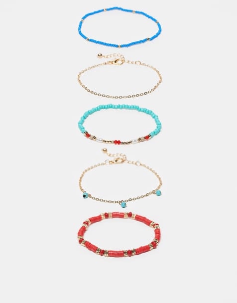 ASOS DESIGN beaded friendship bracelet multi-pack in red, blue and gold tones - view 1