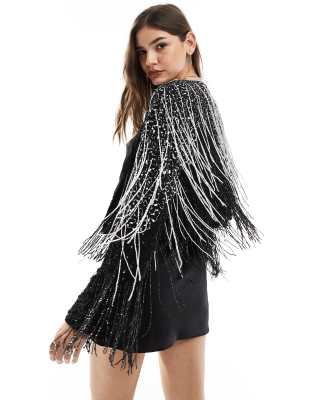 ASOS DESIGN beaded fringe festival jacket in black