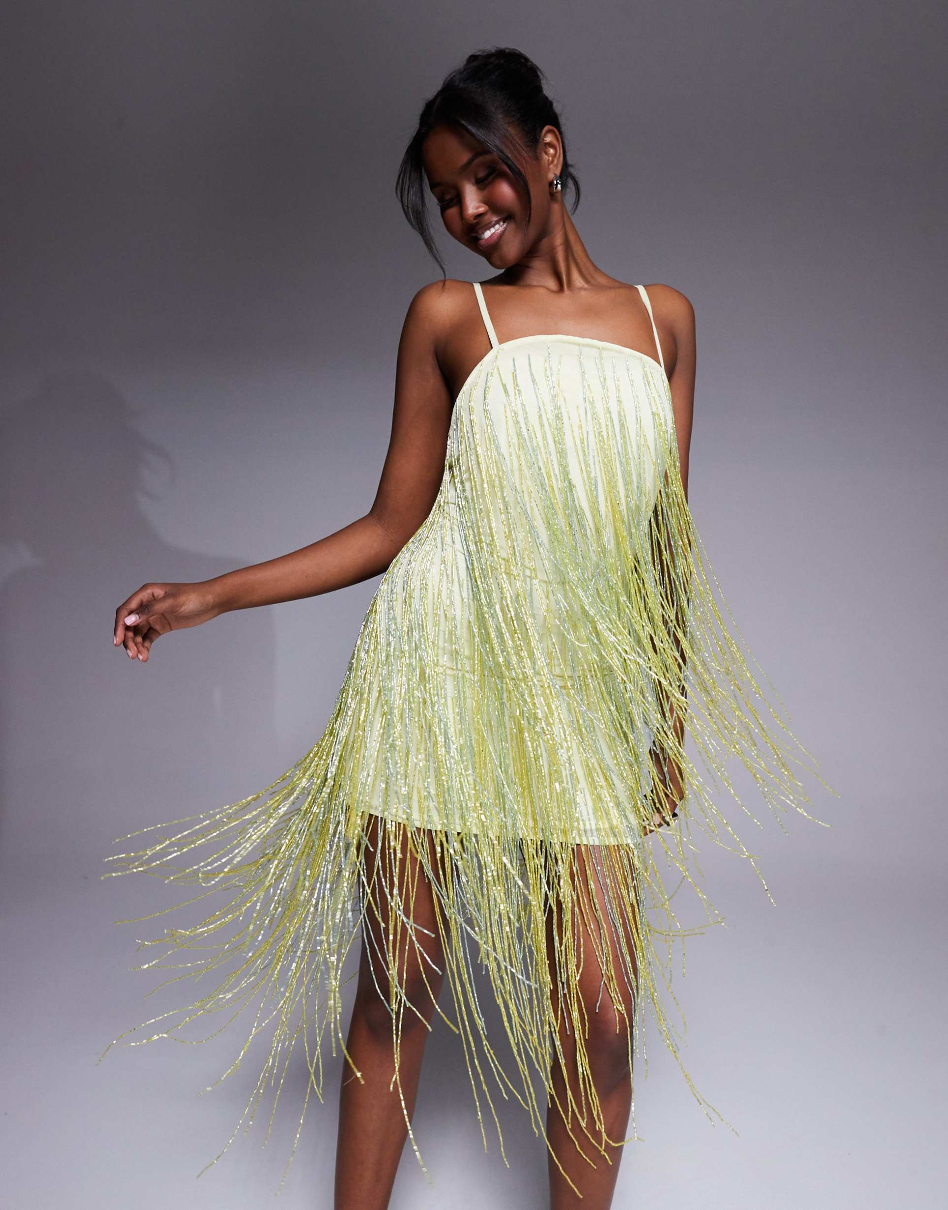 asos design beaded fringe mini cami dress in pale yellow