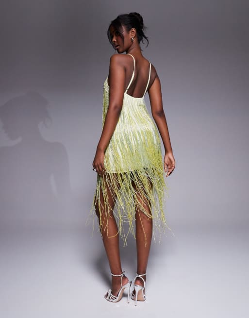 ASOS DESIGN beaded fringe mini cami dress in pale yellow
