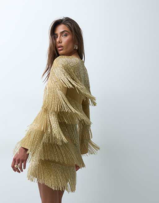 ASOS DESIGN beaded fringe mini dress with long sleeves in gold, 3 of 5