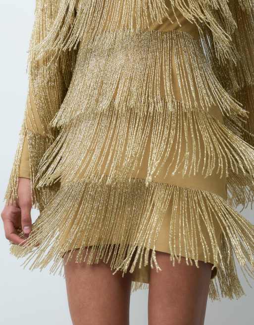 ASOS DESIGN beaded fringe mini dress with long sleeves in gold, 5 of 5
