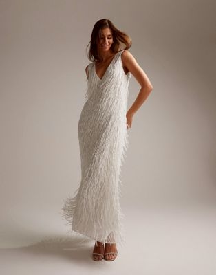 ASOS DESIGN beaded fringe plunge sleeveless maxi wedding dress in ivory