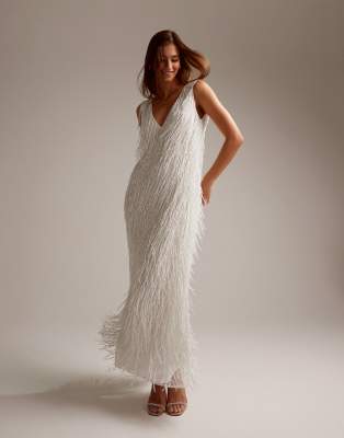 ASOS DESIGN beaded fringe plunge sleeveless maxi wedding dress in ivory