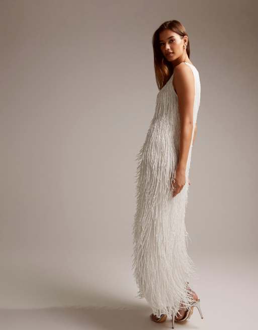 ASOS DESIGN beaded fringe plunge sleeveless maxi wedding dress in ivory ASOS