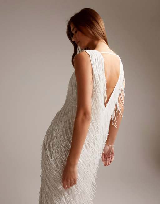 ASOS DESIGN beaded fringe plunge sleeveless maxi wedding dress in ivory ASOS