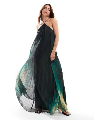 Asos Design Beaded Halterneck Pleated Maxi Dress In Abstract Dye Print-multi
