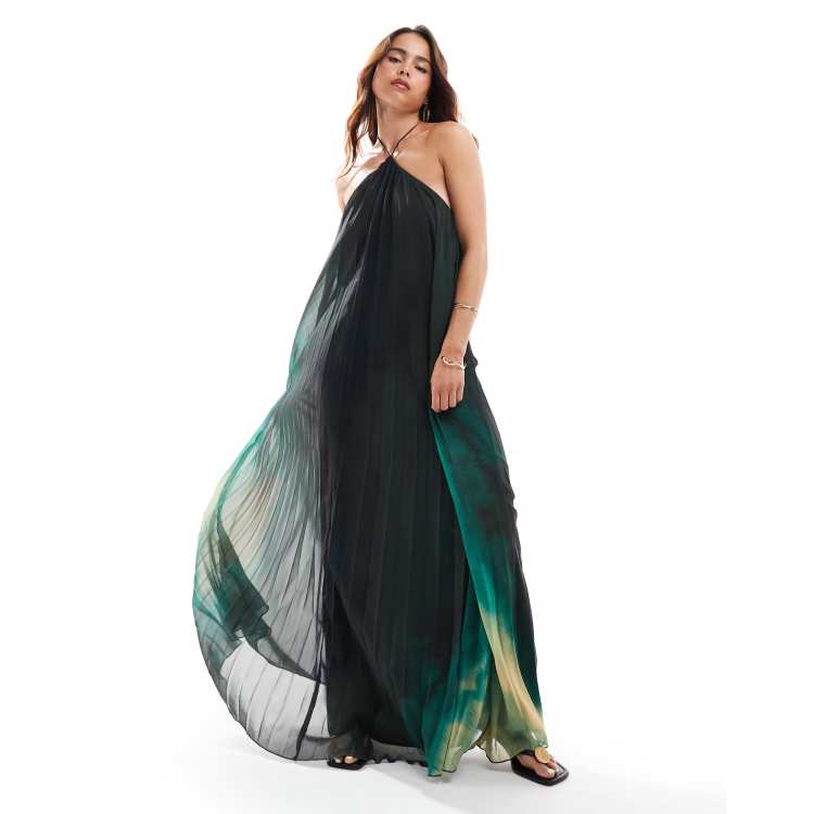 ASOS DESIGN beaded halterneck pleated maxi dress in abstract dye print