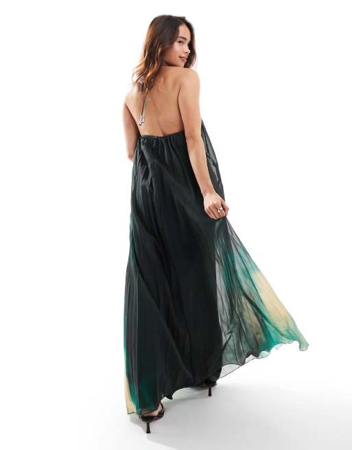 ASOS DESIGN beaded halterneck pleated maxi dress in abstract dye print