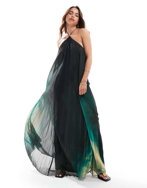 Asos Design Beaded Halterneck Pleated Maxi In Abstract Dye Print Asos