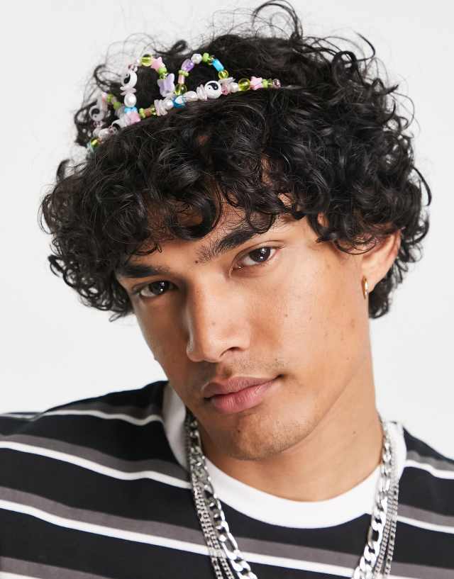 ASOS DESIGN beaded head crown with yin-yang and butterfly charms in multicolor