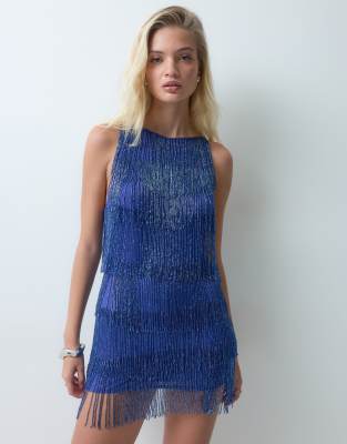 ASOS DESIGN beaded layered fringe mini dress in cobalt blue | ASOS