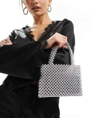 beaded mini ball grab clutch bag in silver