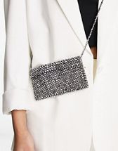 ASOS DESIGN clutch bag in feather with diamante top handle in grey