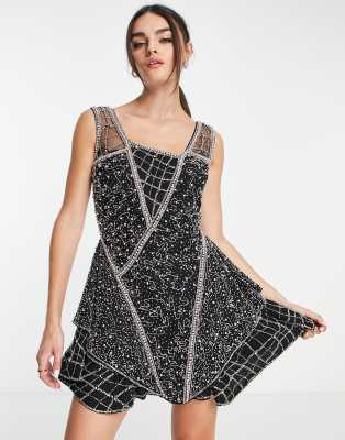 Asos Design Beaded Mini Dress With Layered Skirt And Linear Embellishment Detail In Black