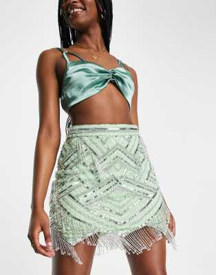 ASOS DESIGN beaded mini skirt with fringe detail in green