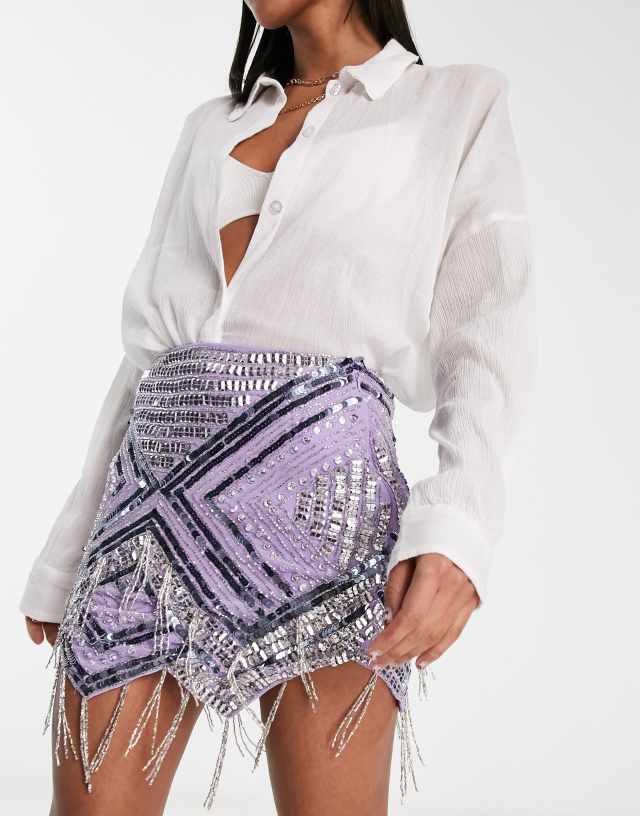 ASOS DESIGN beaded mini skirt with fringe detail in purple