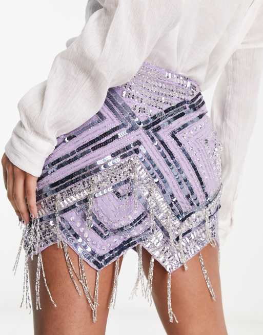ASOS DESIGN beaded mini skirt with fringe detail in purple , 2 of 4