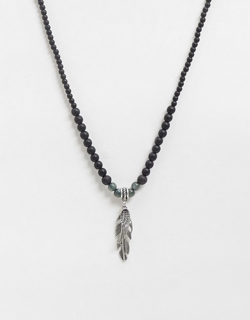 ASOS DESIGN slim beaded 4mm neckchain with burnished silver wing charm in black