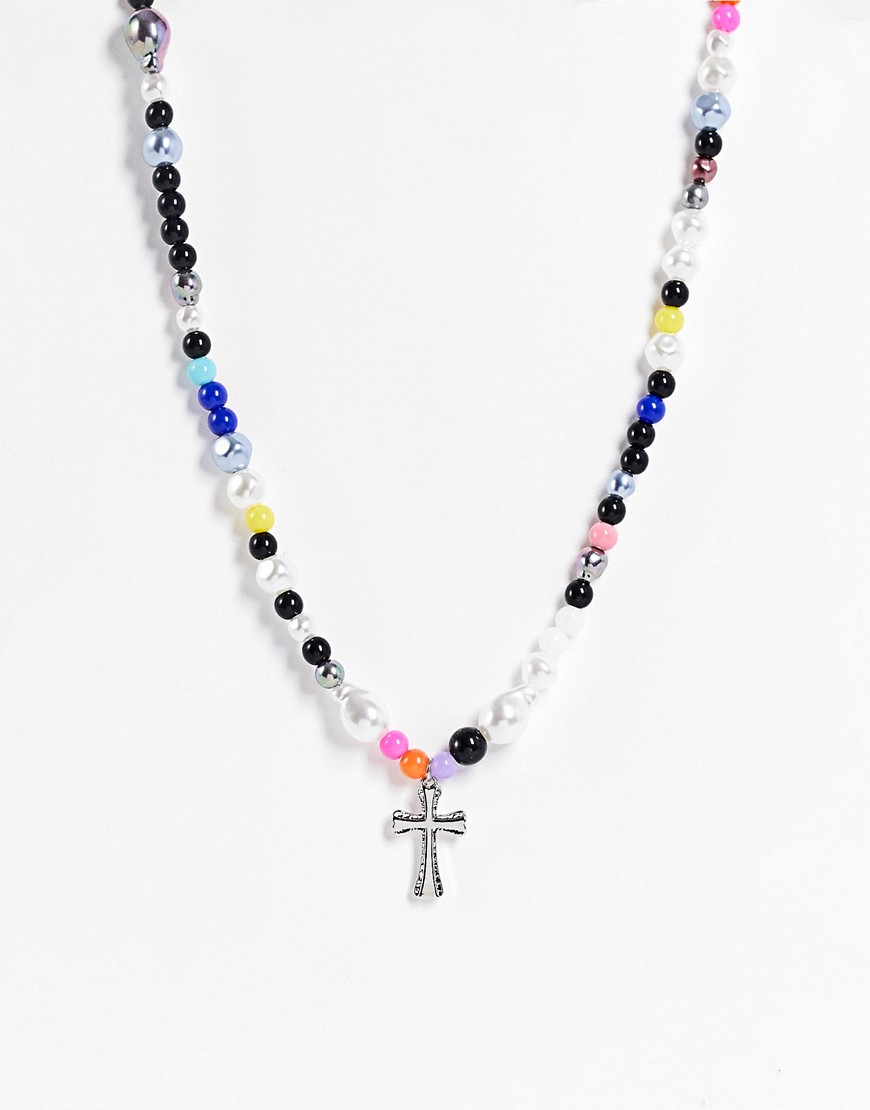 ASOS DESIGN beaded neckchain with cross pendant in multicolor