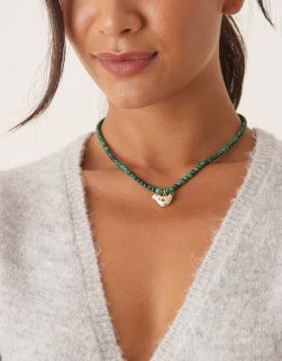 Asos Design Beaded Necklace With Bird Pendant In Green
