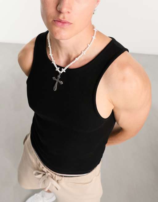 ASOS DESIGN beaded necklace with faux pearl and large cross pendant, 4 of 4