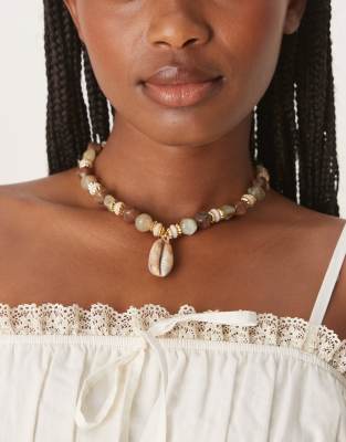 Asos Design Beaded Necklace With Faux Shell Pendant Detail