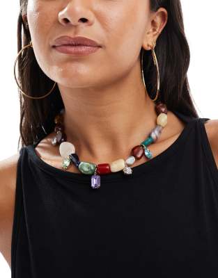 Asos Design Beaded Necklace With Large Faux Stones-multi