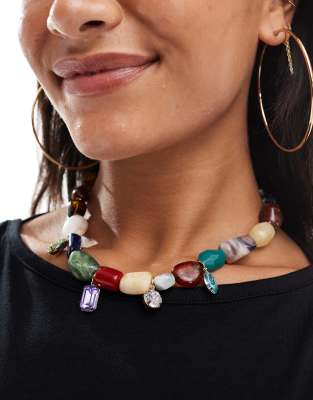 Asos Design Beaded Necklace With Large Faux Stones-multi In Multi