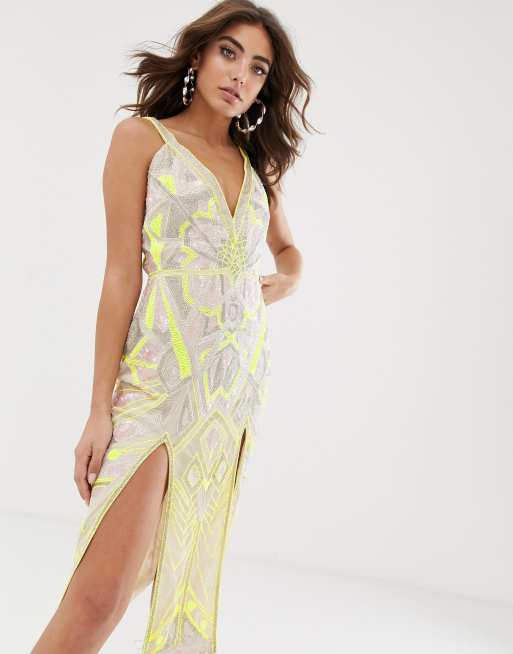 ASOS DESIGN beaded pencil midi dress with in neon