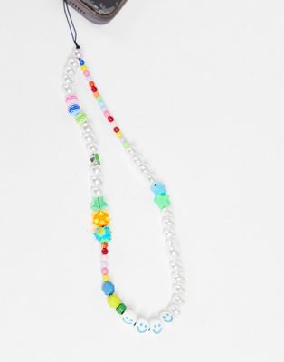 ASOS DESIGN beaded phone chain with faux pearls in multicolour