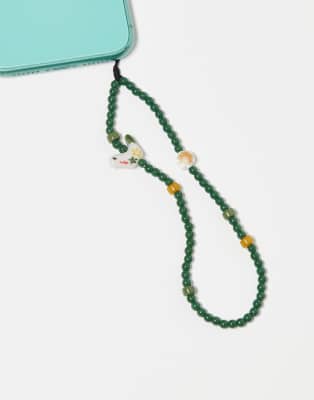 beaded phone strap with bird charms in green