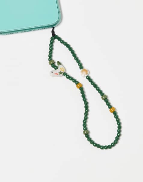 ASOS DESIGN beaded phone strap with bird charms in green - view 1