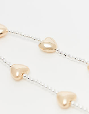 Asos Design Beaded Phone Strap With Faux Pearls And Gold Tone Hearts In Gold