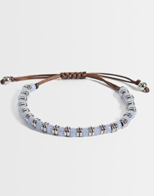 Asos Design Beaded Puller Bracelet In Blue