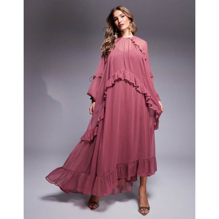 ASOS DESIGN beaded ruffle maxi dress with tassels in berry